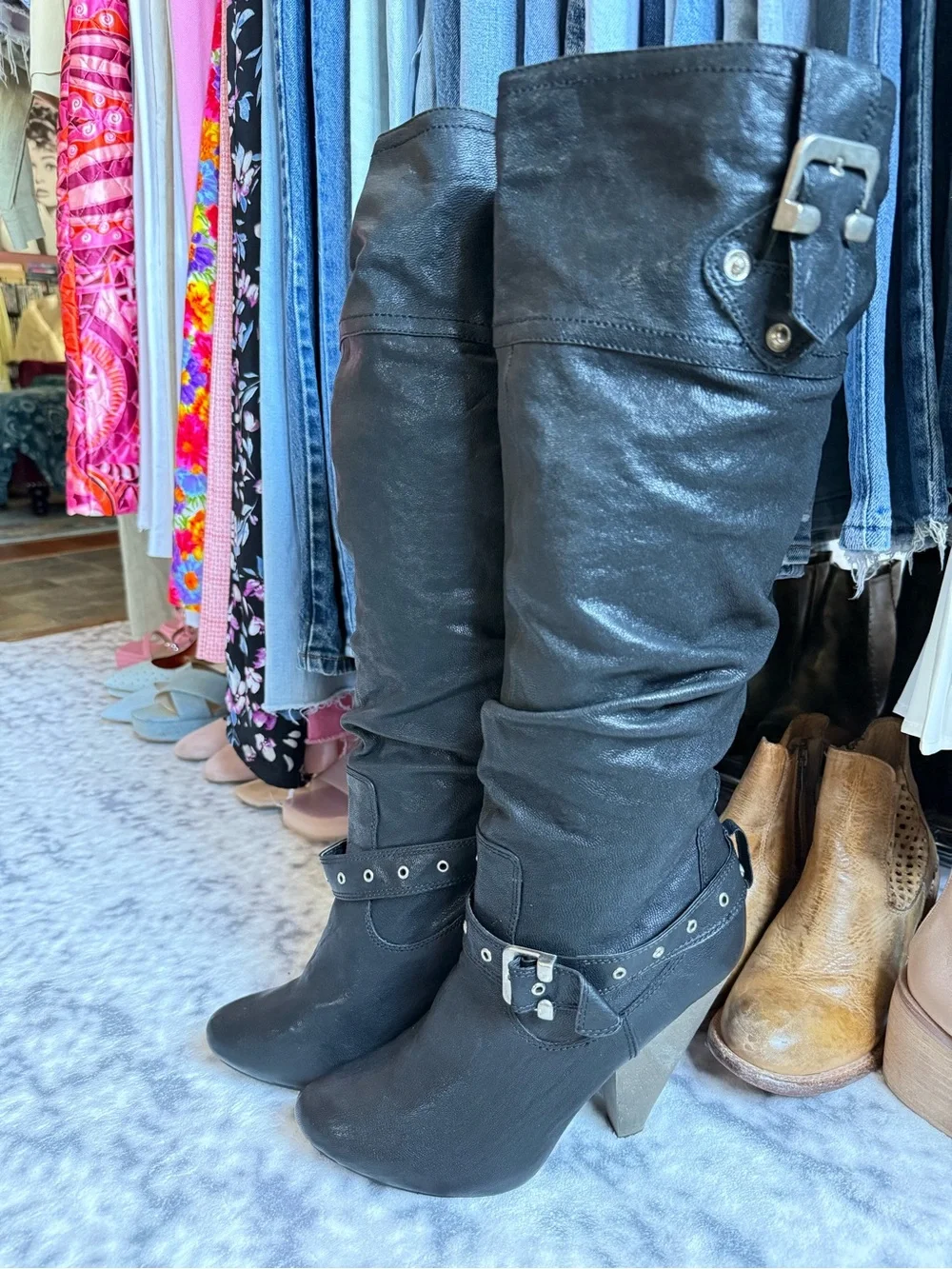 naughty monkey - Retro Rocker Black Over-the-Knee Buckle Strap Heeled Boots - 10
